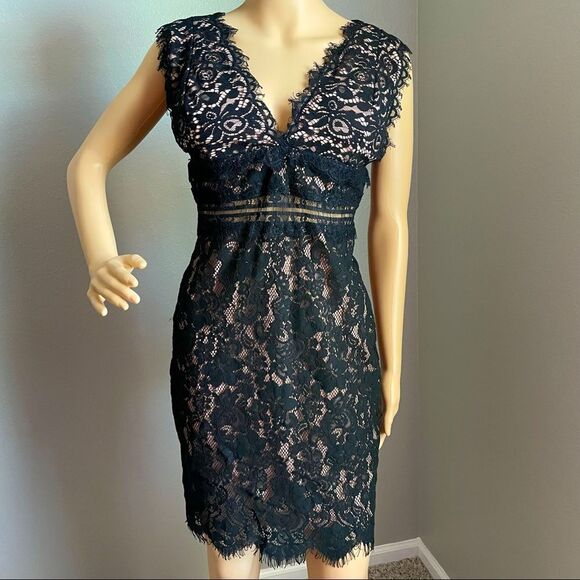 Just Me Sleeveless Plunging Neckline Mini Dress Black Lace Over Nude Size Small - Picture 1 of 14
